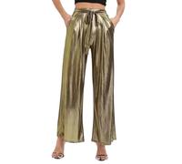EMOTTOS Pantaloni Metallizzati Lucido da Donna, Pantaloni Glitterati Larghi Vita Alta Streetwear con Elastico in Vita, Pantaloni di Moda a Colori Olografici con Tasche per Discoteca, Oro, M