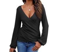 EMOTTOS Sexy Maglietta Scollo a v Donna - Maglie Aderenti con Incrocio in Tessuto a Nido d'Ape, morbide Crop Top con Scollo a V Profondo e Maniche Lunghe, Camicie Tunica Orlo Irregolare(Black-S)