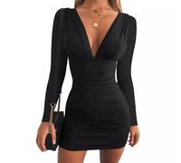 EMOTTOS Sexy Mini Wrap Dress, Abiti Sexy con Scollo a V Increspato, Morbida Manica Lunga Bodycon Pencil Dress, Alta Elasticità Mini Tubo Club Cocktail Party Dress (Nero/Rosso, S-L)