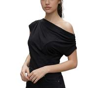 EMOTTOS Sexy Top Donna Asimmetrico con Spalla Scoperta e Increspata, Maglietta Maniche Corte Slim Fit, T-Shirt Top Elegante Fuori Spalla Manica Corta per Casual Feste Estivo, Nero, Taglia Unica