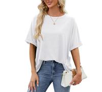 EMOTTOS T-Shirt Oversize da Donna, Top Estivi a Girocollo a Manica Corta, Magliette Casual Basic con Manica arrotolata（White-M）