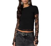 EMOTTOS Top a Maniche Lunghe in Pizzo Patchwork Y2K da Donna, Finto Design a Due Pezzi a Girocollo, Maglietta in Pizzo Vintage per Outfit Estivi da Donna, Nero, S
