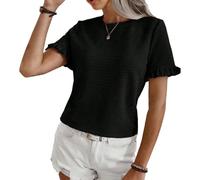EMOTTOS Top a Pieghe da Donna, Magliette estive a Righe increspate, Maglietta Casual a Collo Tondo in Finto Chiffon（Black-L）