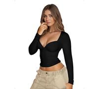 EMOTTOS Top Corti da Donna con Scollo a Cuore, Magliette Sexy da Donna Y2K con Maniche Lunghe Tagliate e vestibilità Slim, Magliette Aderenti per Discoteca, Nero, Taglie S