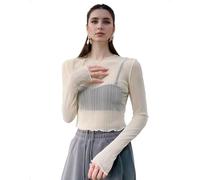 EMOTTOS Top Crop Donna Y2K, Top Sexy Trasparente in Rete a Maniche Lunghe vestibilità Slim Collo Rotondo Elastico Orlo Plissettato, Maglietta Casual da Festa, Albicocca, Taglia Unica