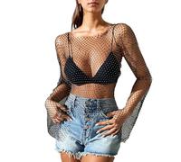 EMOTTOS Top da Donna a Rete con Maniche Svasate, Top a Rete Trasparente in Tessuto Lucido e Morbido con Strass Scintillanti, Camicetta a Manica Lunga Glitterata per Feste estive da Donna, Nero, L