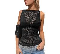 EMOTTOS Top da Donna in Pizzo Canotta, Sexy Trasparente Maglietta Senza Maniche, Y2K a Rete Maglia con Gilet Floreale Ricamato, Top Spalle Scoperte Slim Fit Mode Clubwear Going out, Nero, M