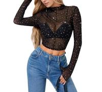 EMOTTOS Top da Donna in Pizzo con Paillettes, Top Corto Sexy con Scollo Rotondo Y2K, Maglietta a Maniche Lunghe Trasparente, Abbigliamento Estivo Slim Fit da Donna, Nero, Taglie M
