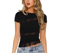 EMOTTOS Top da Donna in Pizzo Patchwork, Y2k Slim Fit T Shirt Trasparente, Sexy Manica Corta a Rete con Scollo Rotondo per Donne, Top con Pizzo Floreale Club Streetwear(Nero-L)