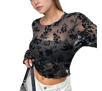EMOTTOS Top da Donna in Pizzo Stampato, Top Corto Sexy Y2K con Scollo Rotondo in Rete, Maglietta a Maniche Lunghe Trasparente, Abbigliamento Estivo Slim Fit da Donna, Nero, Taglie L