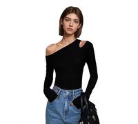 EMOTTOS Top da Donna Y2K, Camicie Sexy Asimmetriche con Scollo Obliquo e Spalle Scoperte, Top Slim Fit a Maniche Lunghe, Maglietta Elasticizzata Monospalla Casual da Festa per Donna, Nero, M