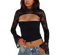 EMOTTOS Top Donna in Pizzo a Maniche Lunghe, Sexy Trasparente Crop Top Y2K Slim con Girocollo e Schiena Ritagliato Svasate Scoperta T-Shirt Maglietta Elegante per Serata Casual Clubwear, Nero, L