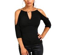 EMOTTOS Top Donna Unico con Maniche a 3/4, Maglietta Casual Allentata con Collo a V e Catena Mobile, Top Tunica con Maniche Lunghe a 3/4, T-Shirt Pullover(Black-S)