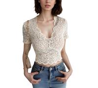EMOTTOS Top Donna Y2K Corti in Pizzo Semitrasparente, Sexy Maniche Corte, Scollo a V, Slim Fit, Tessuto Elasticizzato Leggero Trasparente, T-Shirt Ragazza Feste estive e Festival, Bianco, Taglie S