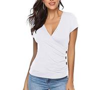 EMOTTOS Top Estivi con Bottoni da Donna, Y2K Slim Fit V-Neck Cross Wrap Camicie, Crop Top Morbido con Collo a V Profondo, Camicetta con Bottoni, Camicetta a Tunica, Moda Magro Y2K Tee Shirt（White-L）
