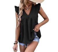 EMOTTOS Top Estivi con Volant, Gilet Casual con Scollo a V e Manica con Volant, Gilet con Orlo Increspato e Allentato.(Black-S)