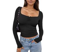 EMOTTOS Top Increspati da Donna, Top y2k da Donna alla Moda per Il Collo a U Casual Slim Fit Bow Knot Manica Lunga Colore Solido Basic Blouse Tee Tops, Nero, M