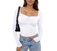 EMOTTOS Top Increspati da Donna, Top y2k da Donna alla Moda per Il Collo a U Casual Slim Fit Bow Knot Manica Lunga Colore Solido Basic Blouse Tee Tops, Bianco, S