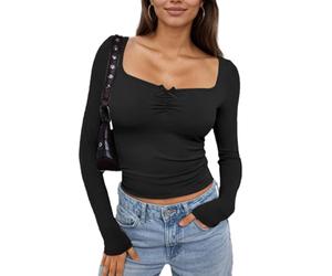 EMOTTOS Top Increspati da Donna, Top y2k da Donna alla Moda per Il Collo a U Casual Slim Fit Bow Knot Manica Lunga Colore Solido Basic Blouse Tee Tops, Nero, S