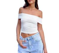 EMOTTOS Top Monospalla da Donna con Increspatura, Elegante Manica a Pieghe Crop Top, Estate Sexy off-Shoulder Increspato Vita Camicia, Moda Magro Y2K Tee Camicie(Bianco, S-L)