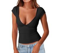 EMOTTOS Top plissettati a Taglio Basso da Donna, Sexy Sweetheart Tight Shirt, Unico Y2k Slim Fit Crop Top Going out Streetwear, Moda Skinny Y2K Tee Shirt（Black-L）