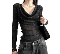 EMOTTOS Top Sexy a Rete da Donna, Slim Fit Sequin Stamping Sheer Mesh Manica Lunga, Senza Spalline Collo Swing Vedere Attraverso Camicie per Le Donne, Top Sexy Clubwear Femminile (Nero/Bianco, S-XL)