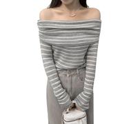 EMOTTOS Top Sexy a Righe in Maglia, Slim Fit Donna Monospalla a Coste Manica Lunga, Camicie a Righe Senza Spalline per Donne, Top Sexy Femminile da Club, Taglia Unica