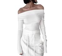 EMOTTOS Top Sexy da Donna con Lacci, Top con Manica Lunga con Scollatura a Dondolo, Camicia Lunga in Pizzo Senza Spalle, Morbida, Moda Skinny Y2K Tee Shirt (Nero/Bianco, S-XL)