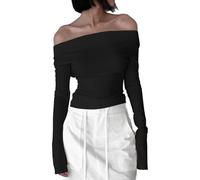 EMOTTOS Top Sexy da Donna con Lacci, Top con Manica Lunga con Scollatura a Dondolo, Camicia Lunga in Pizzo Senza Spalle, Morbida, Moda Skinny Y2K Tee Shirt (Nero/Bianco, S-XL)