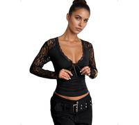 EMOTTOS Top Sexy da Donna con Scollo a V Profondo in Pizzo, Top Slim Fit con Lacci sul Davanti in Stile Y2K, Maglietta a Maniche Lunghe in Rete per Uscire la Sera o Andare, Nero, Taglie L