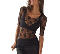 EMOTTOS Top Sexy da Donna in Pizzo, Manica Corta in Rete Trasparente Stampata a Fiocchi, Tuta da Donna con Scollo Rotondo, Body Sexy Femminile, Abbigliamento da Club(A1-Black)