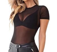 EMOTTOS Top Sexy da Donna in Pizzo, Manica Corta Slim Fit in Tulle Mesh See-Through, Camicie a Girocollo See Through da Donna, Body Clubwear Sexy Femminile(B1-Black)