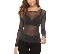 EMOTTOS Top Sexy da Donna in Pizzo, Manica Lunga in Tulle a Rete Sottile e Lucida, Camicie da Donna a Collo Tondo, Body Sexy Femminile in Filo d'Argento, Abbigliamento da Club(C2-Black)