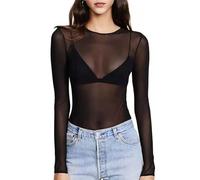 EMOTTOS Top Sexy da Donna in Pizzo, Manica Lunga Slim Fit in Tulle Mesh See-Through, Camicie a Girocollo See Through da Donna, Body Clubwear Sexy Femminile(B2-Black)