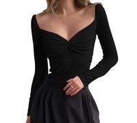 EMOTTOS Top Sexy in Chiffon Tencel, Slim Fit Donne Increspato Maglia Trasparente Manica Lunga, Scollo a V con Camicie Trasparenti per Le Donne, Top Sexy Clubwear Donna (Nero/Bianco, S-L)