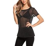 EMOTTOS Top Sexy in Pizzo da Donna, Manica Corta in Tulle Lucido, Girocollo, Camicie da Donna, Body Sexy Femminile, Filo d'Argento, Abbigliamento da Club(C1-Black)