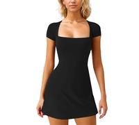EMOTTOS Vestito Donna A-Line Mini Abito, Vestito Scollato con Collo Sexy a Cuore, Slim Fit Manica Corta Bodycon Dress, Y2K Elasticizzato Abiti Bodycon da Festa Discoteca Cocktail Party, Nero, S