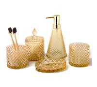 EMPO Set completo di 5 accessori da bagno in vetro diamantato, dispenser per lozioni vintage triangolari, portasapone, portaspazzolino, bicchiere, barattoli di cotton fioc, decorazione moderna, set