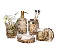 EMPO, Set di 6 accessori da bagno in vetro (dispenser per sapone/lozioni, portasapone, portaspazzolino, bicchiere, contenitore per cotton fioc), stile contemporaneo, moderno, vintage (6 pz, marrone)