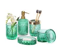 EMPO Set di 6 accessori da bagno in vetro trasparente (dispenser di sapone a lozione, portasapone, portaspazzolino, bicchiere, barattolo per cotton fioc), decorazione moderna e contemporanea, regalo