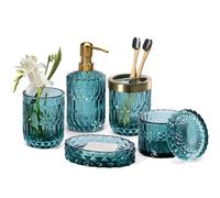 EMPO Set di 6 accessori da bagno in vetro vintage (Ocean Teal Blue) Decor | Include dispenser di sapone, portaspazzolino, piatto, bicchiere e 2 barattoli di tamponi con pompa antiruggine per organizer