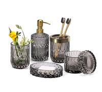 EMPO Set di 6 Accessori in Vetro Trasparente per il Bagno (Dispenser per Sapone per Lozione, Portasapone, Porta Spazzolino da Denti, Bicchiere, Barattolo di Cotone), Regalo Vintage (Grigio)