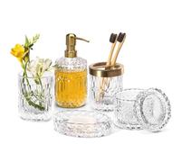 EMPO Set di 6 Accessori in Vetro Trasparente per il Bagno (Dispenser per Sapone per Lozione, Portasapone, Porta Spazzolino da Denti, Bicchiere, Barattolo di Cotone), Regalo Vintage (Trasparenti)