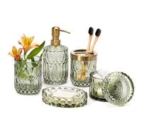 EMPO Set di 6 Accessori in Vetro Trasparente per il Bagno (Dispenser per Sapone per Lozione, Portasapone, Porta Spazzolino da Denti, Bicchiere, Barattolo di Cotone), Regalo Vintage (Verde)