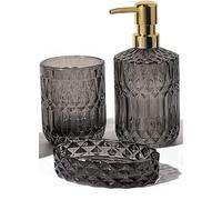 EMPO Set di Accessori in Vetro da Bagno (Dispenser per Sapone per Lozione, Portasapone, Bicchiere, Cristallo Trasparente, Regalo Vintage (3 Pezzi Grigio)