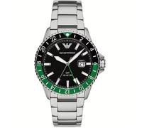 Emporio Armani AR11589 Men's GMT Watch - Silver Stainless Steel, Black Dial