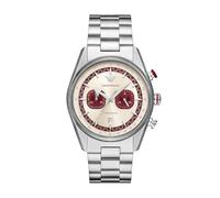 Emporio Armani Orologio per uomo, Movimento cronografo al quarzo a 2 quadranti secondari e cassa da 42 mm con cinturino in acciaio, 42 mm, Rosso vino