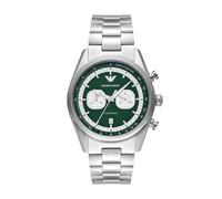 Emporio Armani Orologio per uomo, Movimento cronografo al quarzo a 2 quadranti secondari e cassa da 42 mm con cinturino in acciaio, 42 mm, Verde e argento
