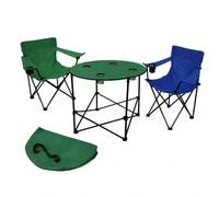 EMPOTEC Set 1 Tavolino Rotondo Pieghevole e 2 Sedie Pieghevoli con Braccioli Richiudibili con Sacca e Porta Lattine da Campeggio, Mare, Giardino, Spiaggia Colori ASSORTITI (tavolo e 2 sedie)