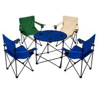 EMPOTEC Set 1 Tavolino Rotondo Pieghevole e 4 Sedie Pieghevoli con Braccioli Richiudibili con Sacca e Porta Lattine da Campeggio, Mare, Giardino, Spiaggia Colori ASSORTITI (tavolo e 4 sedie)